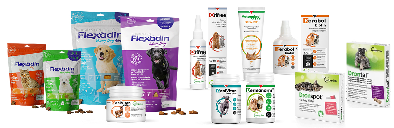 Produkty Vetoquinol Flexadin Caniviton Otifree Bezo Pet Kerabol biotin Drontal Dronspot